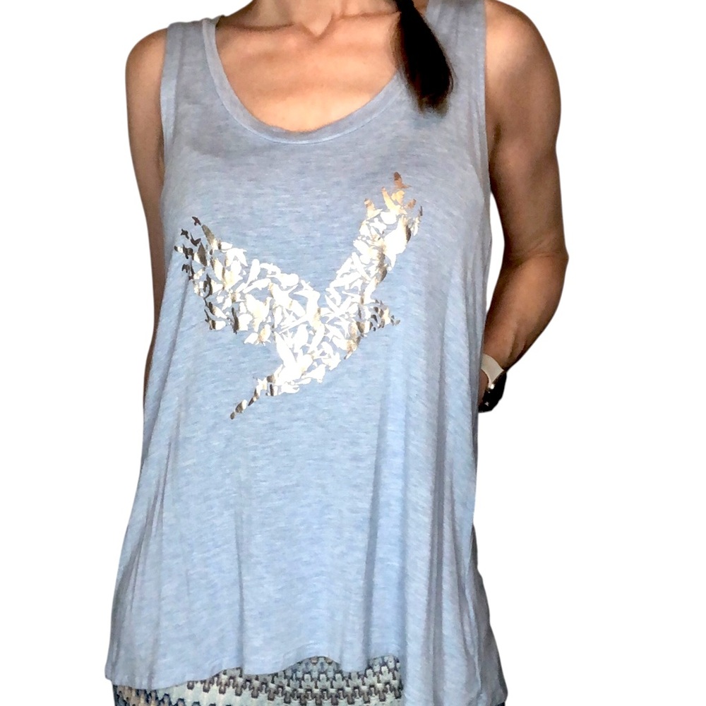 Z by Zohba Sz M Blue Tunic Tank Top Bird Metallic Graphic Beachy Casual Festival